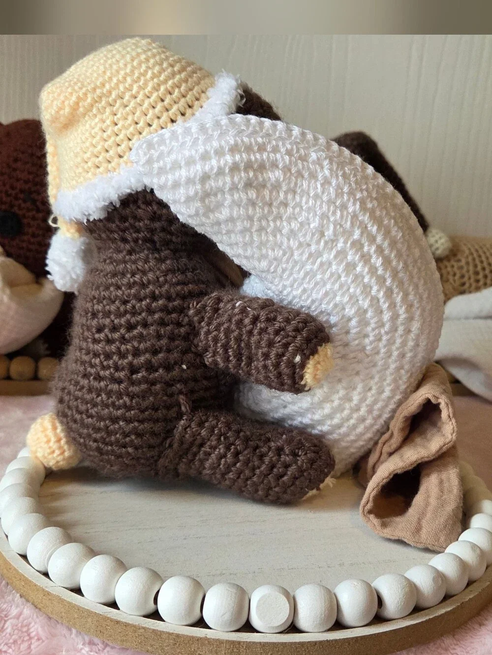 Handmade Baby Shower Centerpiece Crochet Sleeping Brown Bears with Blankets